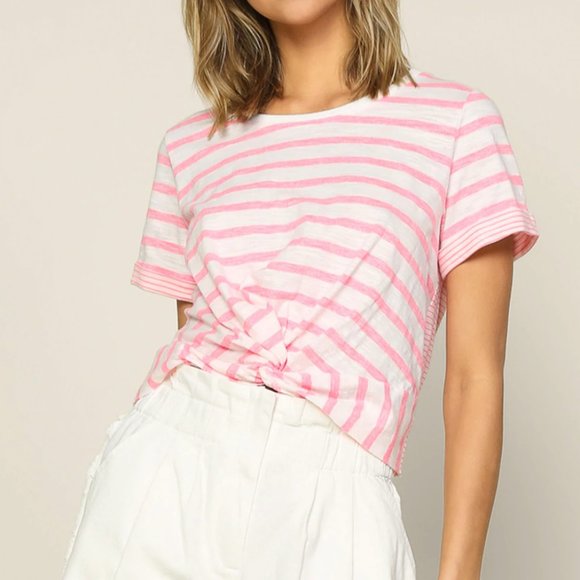 Neon Pink Striped Twist Front Crop Top Short Sleeve - Picture 2 of 5